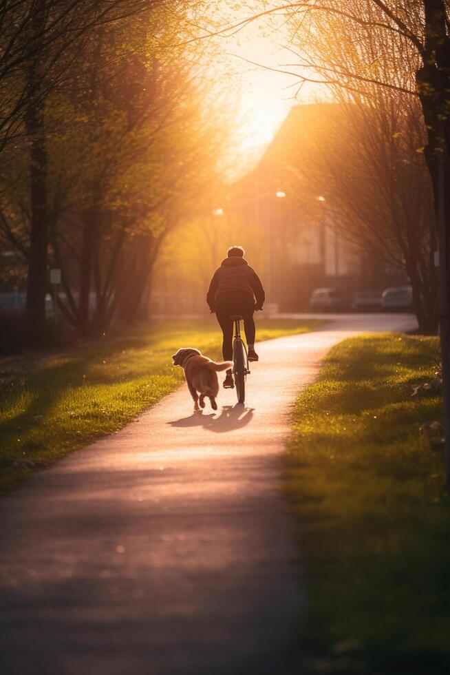 canino gioire cane in esecuzione a fianco proprietario su bicicletta sentiero nel città ai generato foto