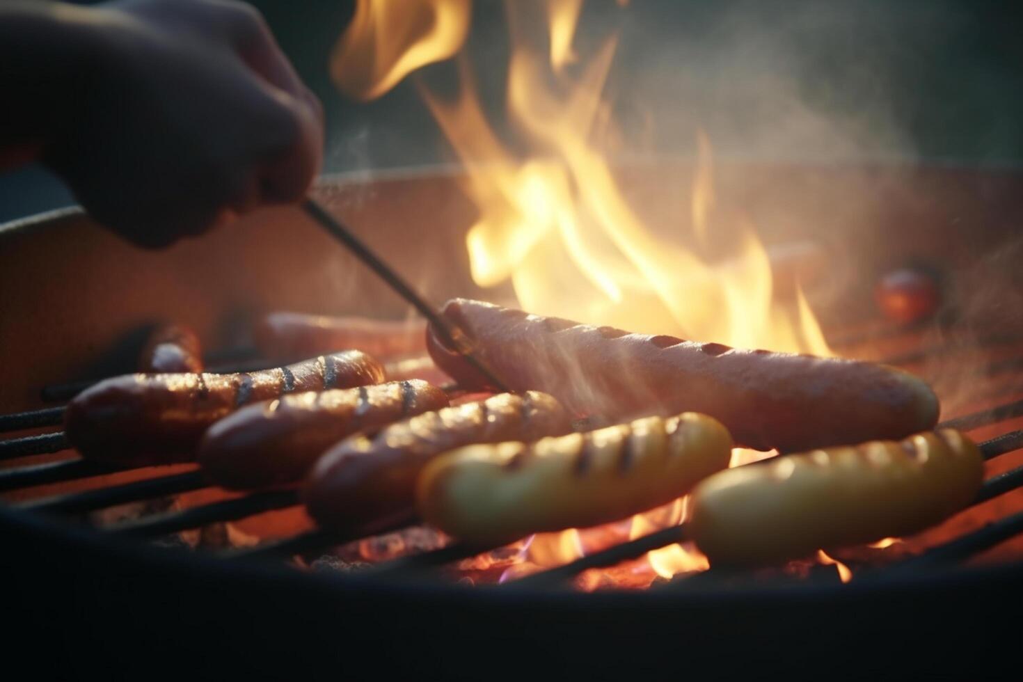 frizzante caldo avvicinamento di Aperto fiamma bbq a campeggio luogo ai generato foto