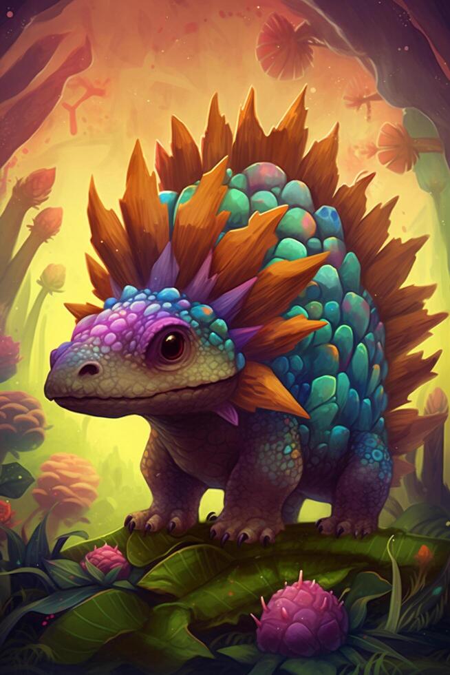 capriccioso e colorato comico arte il avventuroso racconti di stegosauro nel un' giocoso mondo ai generato foto
