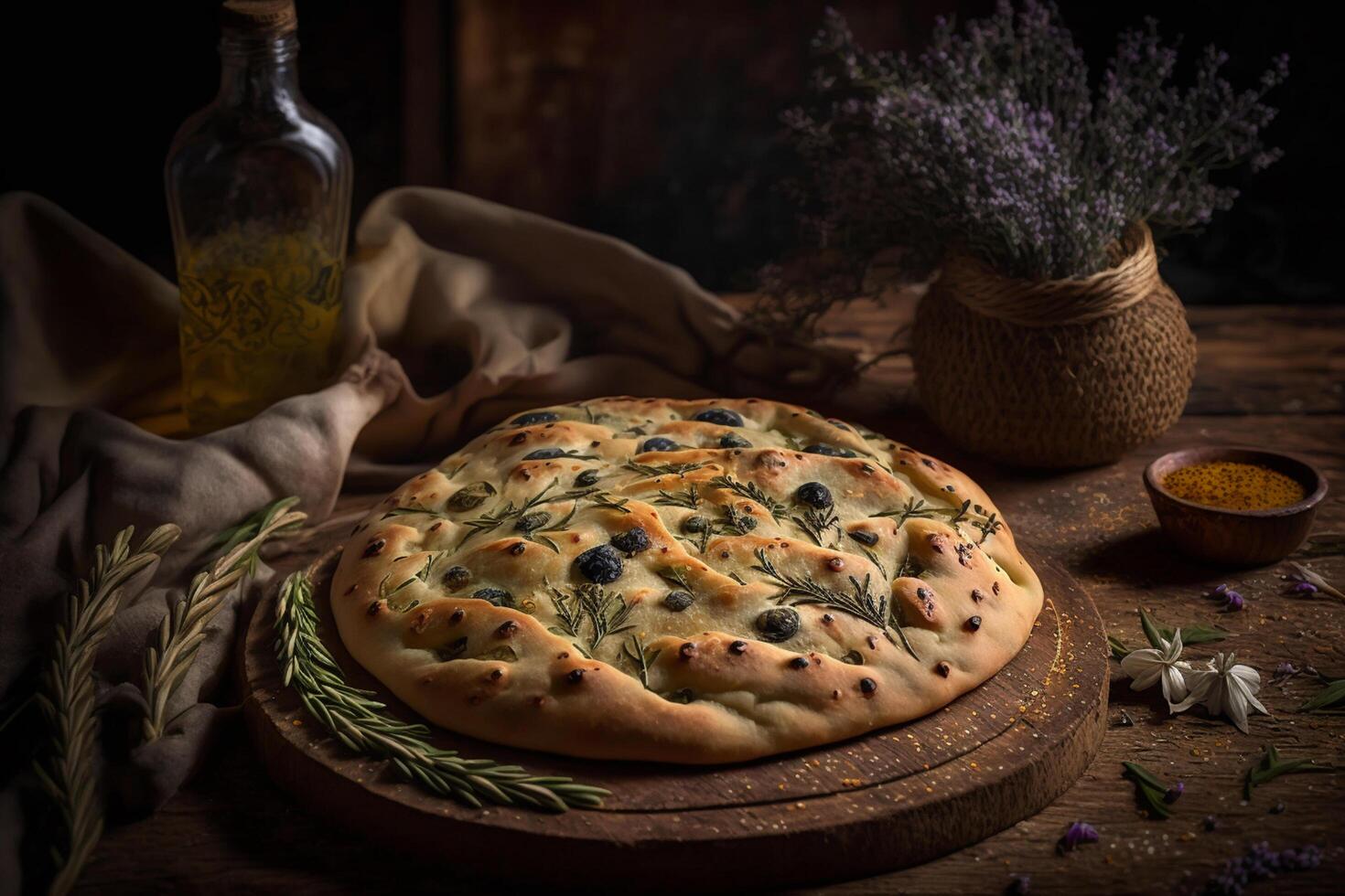 un' fetta di provence aromatico fougasse pane con oliva olio e erbe aromatiche ai generato foto