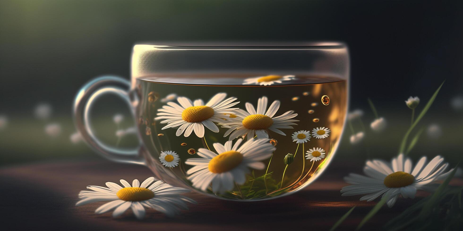 bicchiere vaso pieno con camomilla fiori, illustrato ai generato foto