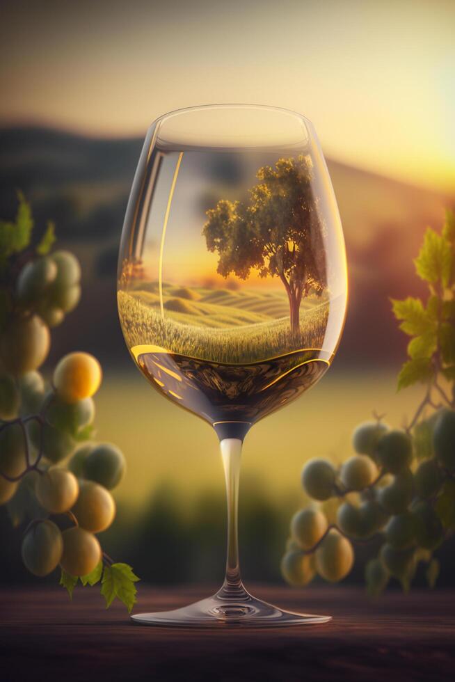 vino bicchiere riflessi un' fotomontaggio di vigne, uva, e vino ai generato foto