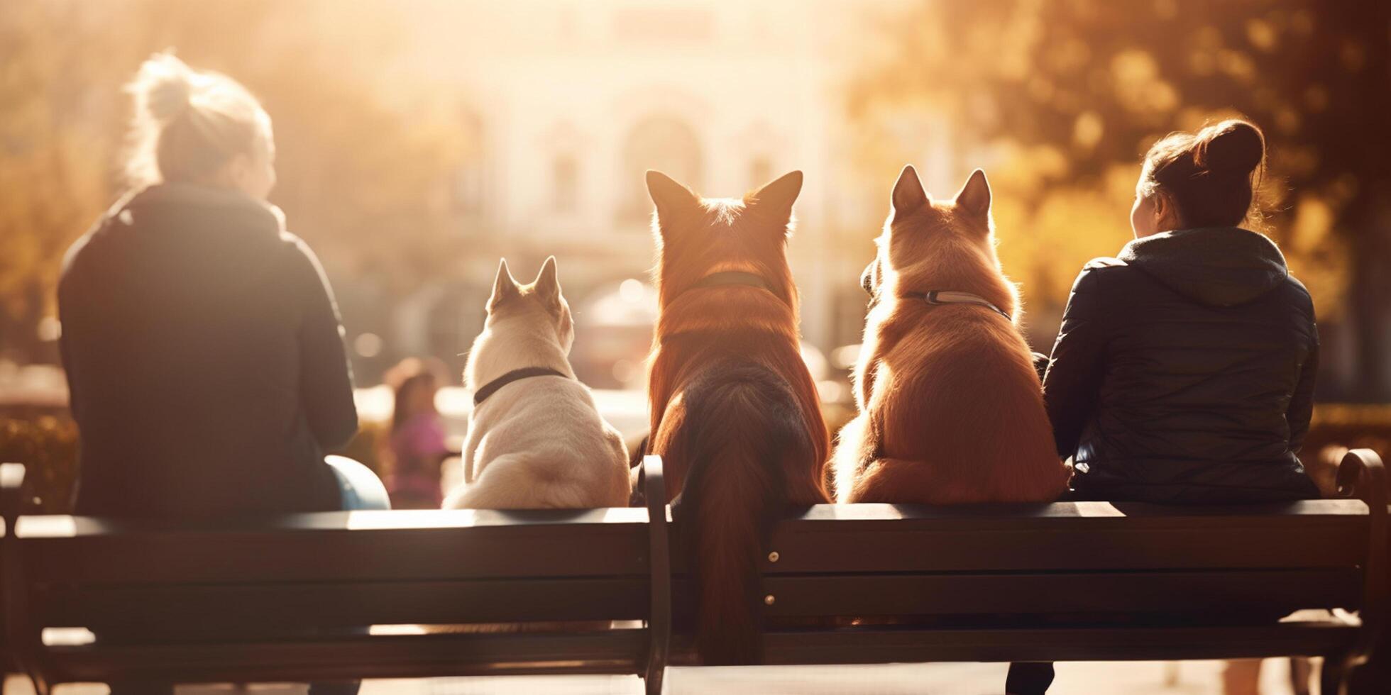 cane proprietari godendo un' rilassante giorno con loro peloso amici nel il città parco ai generato foto