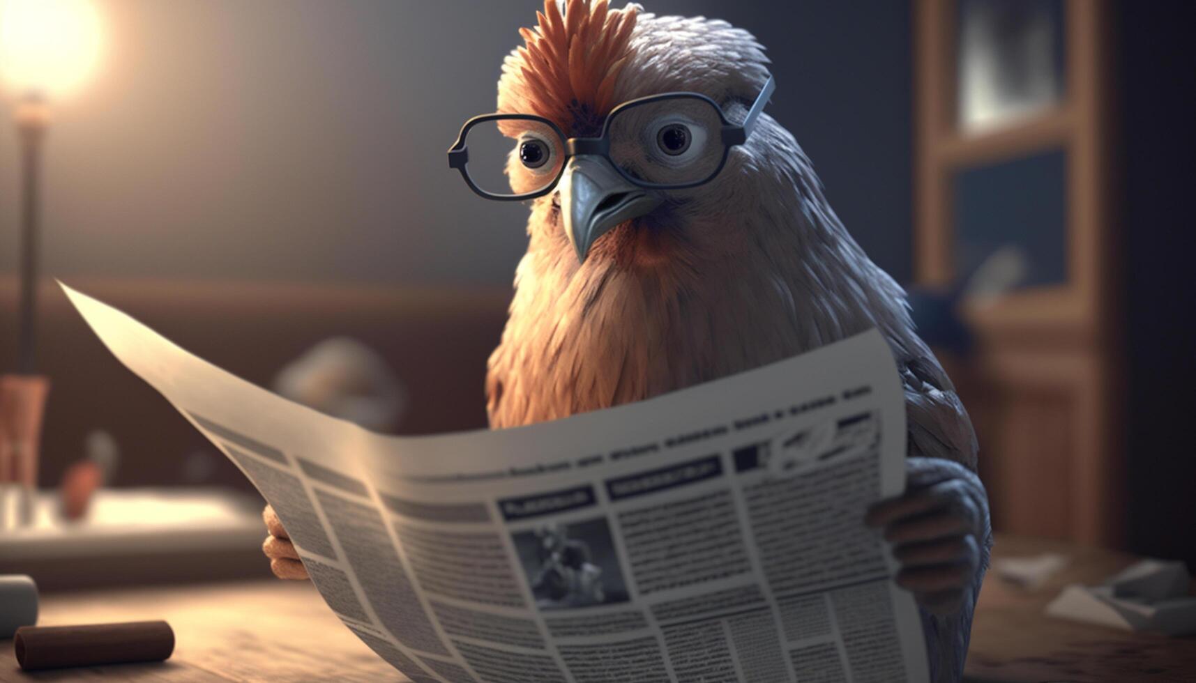 il inteligente pollo lettura il quotidiano notizia con bicchieri ai generato foto