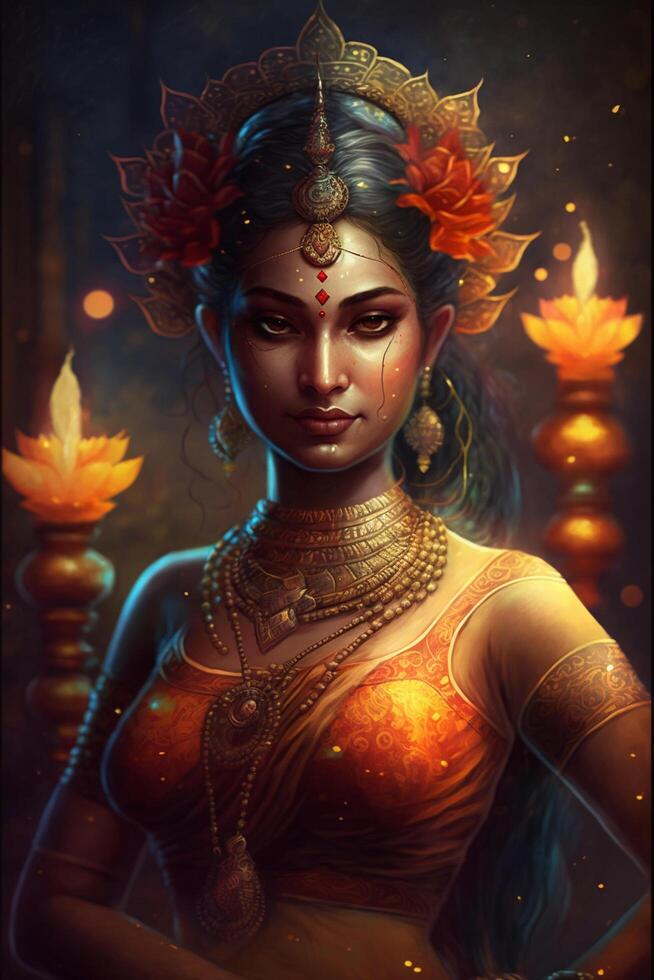 lakshmi il radiante indiano dea di ricchezza e fortuna nel artistico gloria ai generato foto