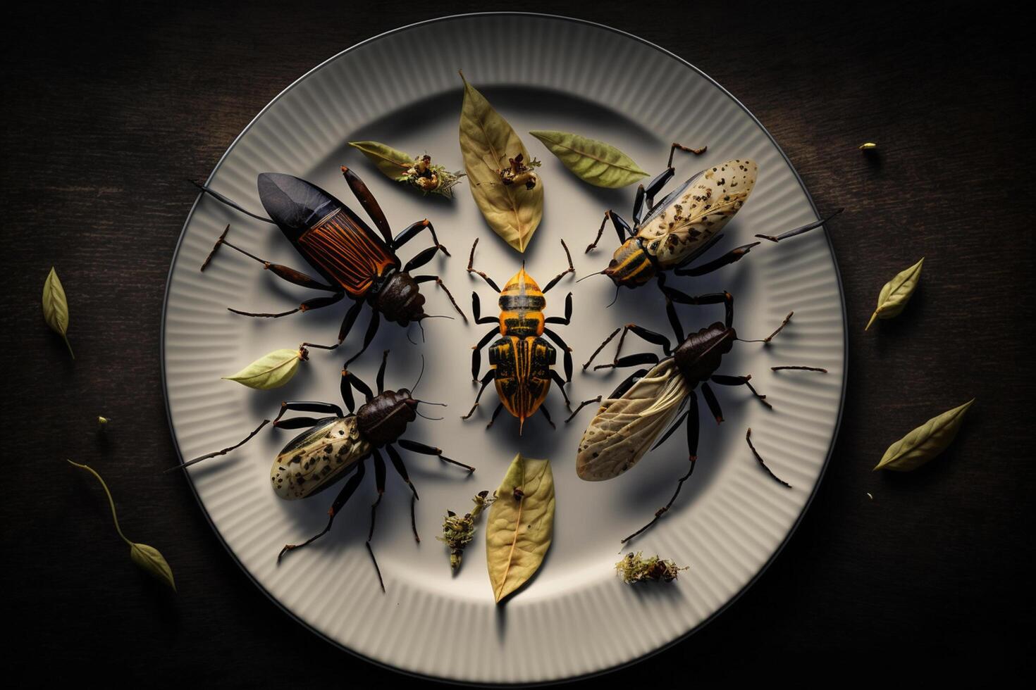 disgustoso insetti strisciare su un' piatto ai generato foto