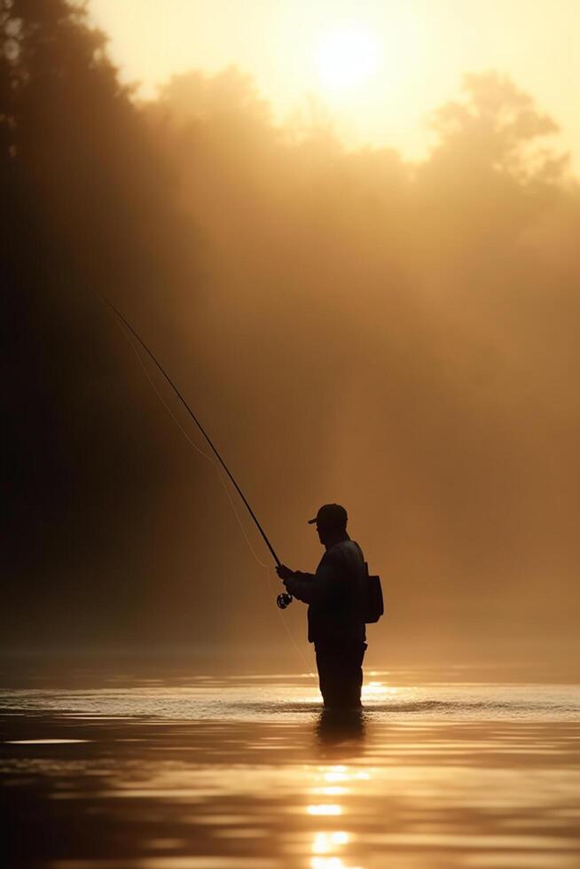 pesca a alba pescatore nel il nebbioso lago con pesca asta ai generato foto