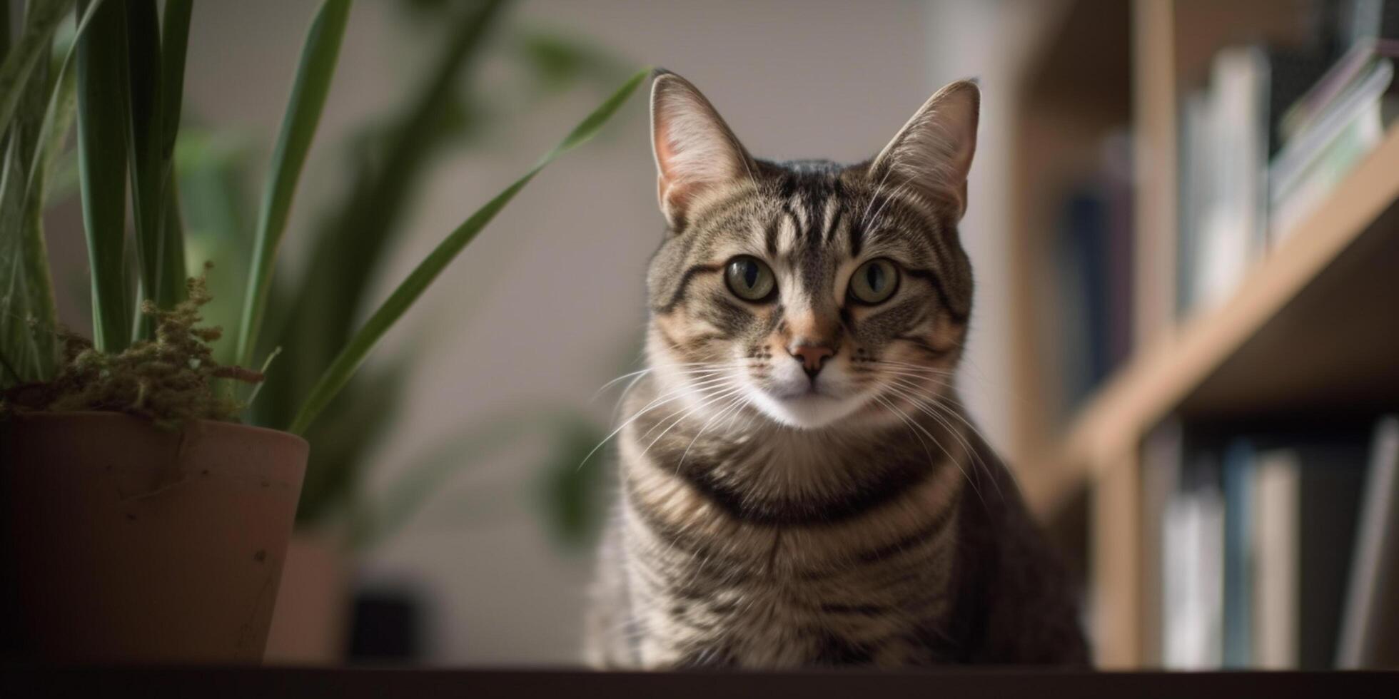 sofisticato felino un' gatto nel un' moderno appartamento circondato di libri ai generato foto