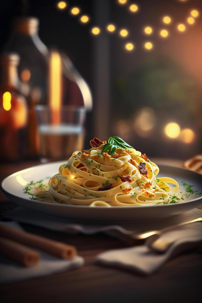 cremoso italiano specialità carbonara pasta con Bacon e parmigiano formaggio ai generato foto