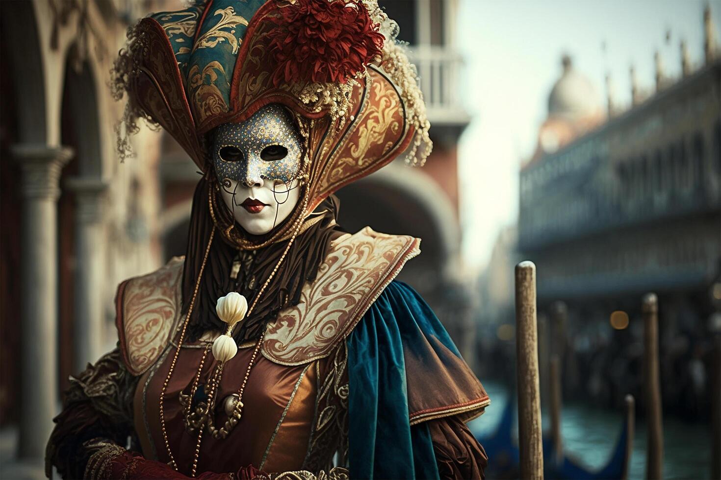 festeggiare carnevale nel Venezia persone nel festivo maschere e costumi ai generato foto