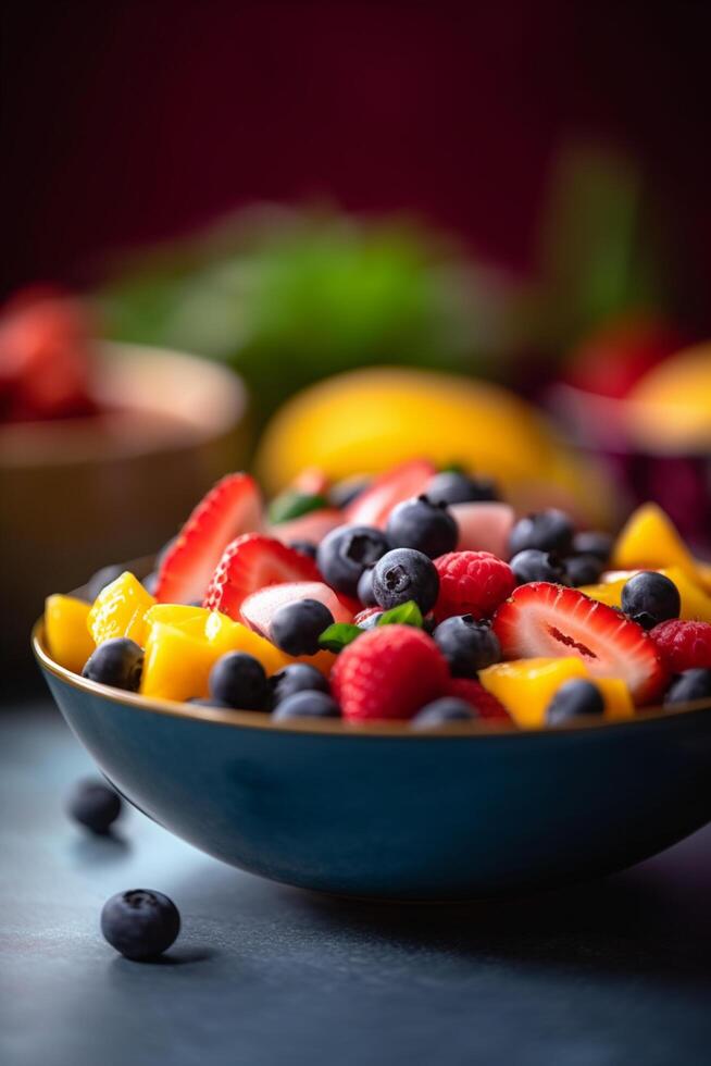 colorato frutta insalata nel un' ciotola con misto frutti di bosco, kiwi, e Mango ai generato foto