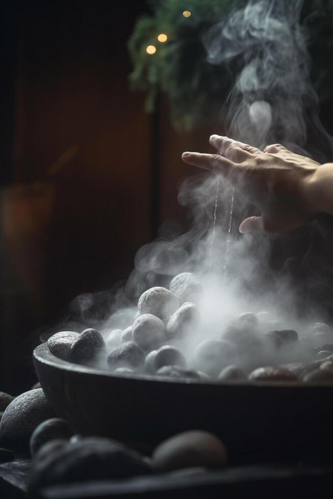 lancio acqua su caldo pietre nel sauna fumante rilassamento ai generato foto