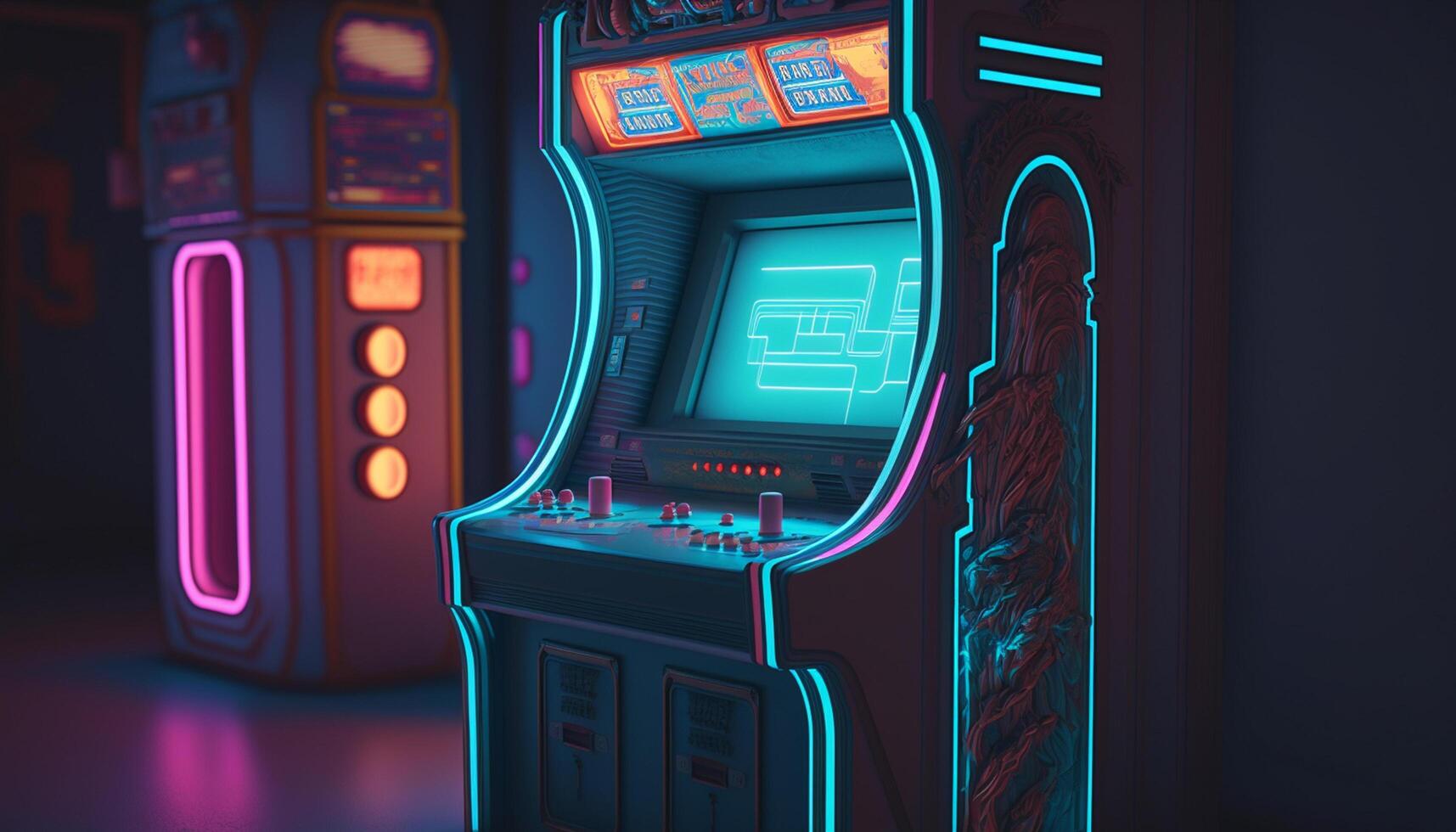 retrò gioco divertimento vecchia scuola portico gioco nel un anni 80 neon Paese delle meraviglie ai generato foto