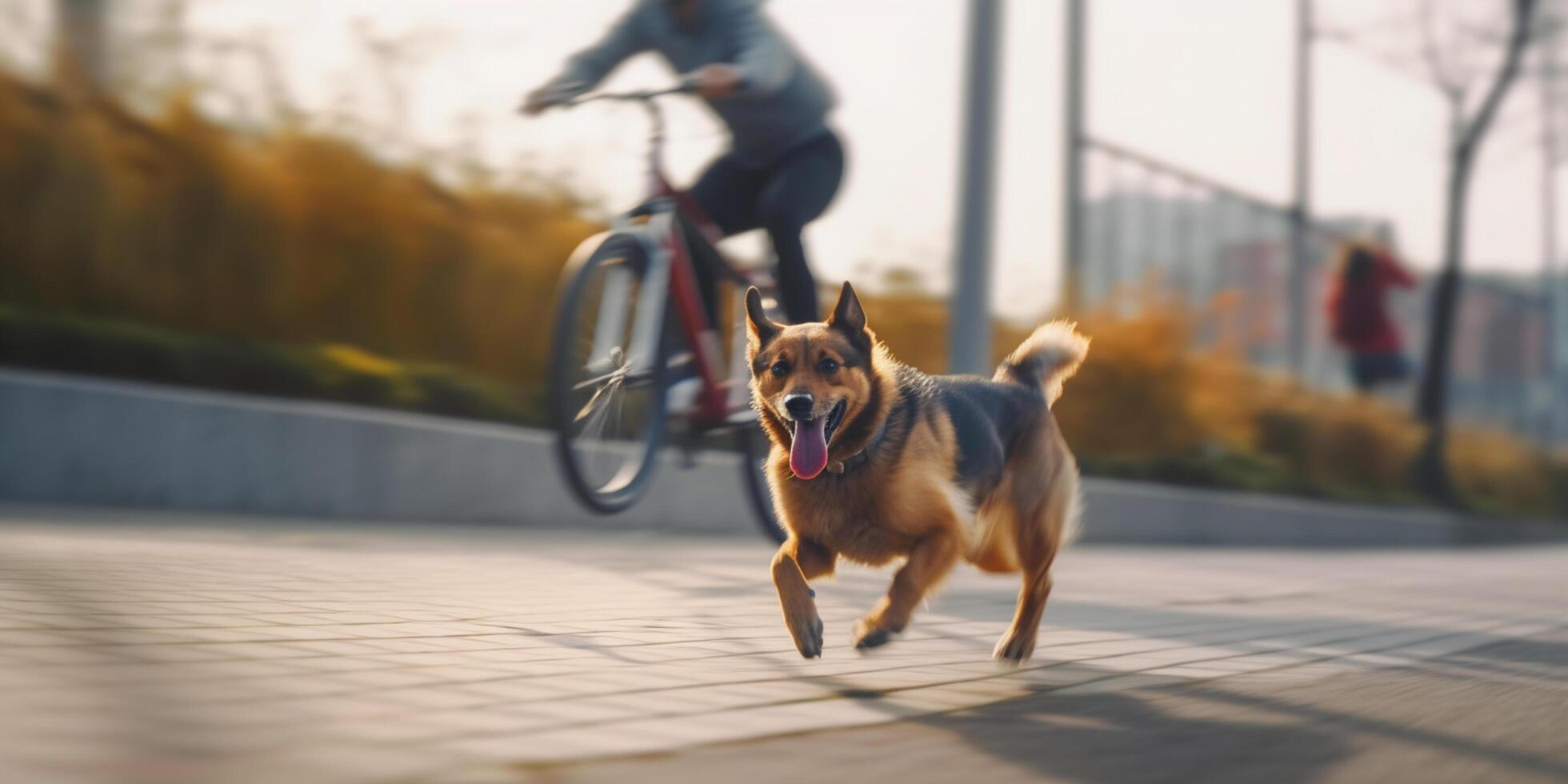 canino gioire cane in esecuzione a fianco proprietario su bicicletta sentiero nel città ai generato foto
