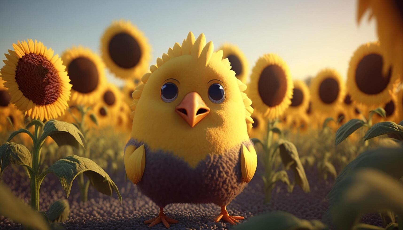 pollo-girasole ibrido in piedi nel il mezzo di un' girasole campo ai generato foto