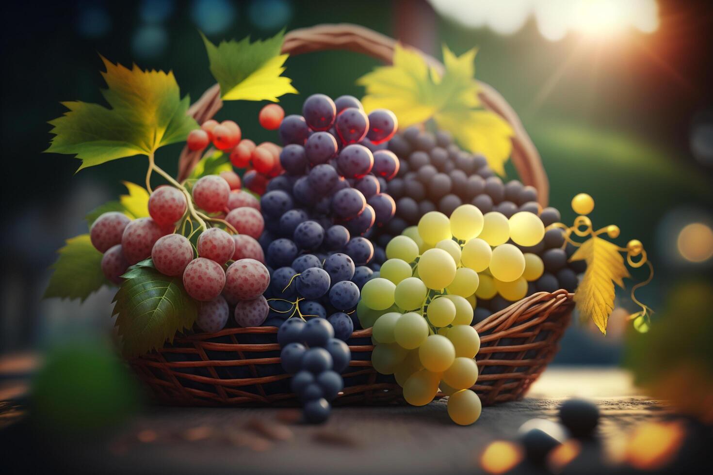 generosità di il vigneto rosso e verde uva nel un' intrecciata cestino ai generato foto