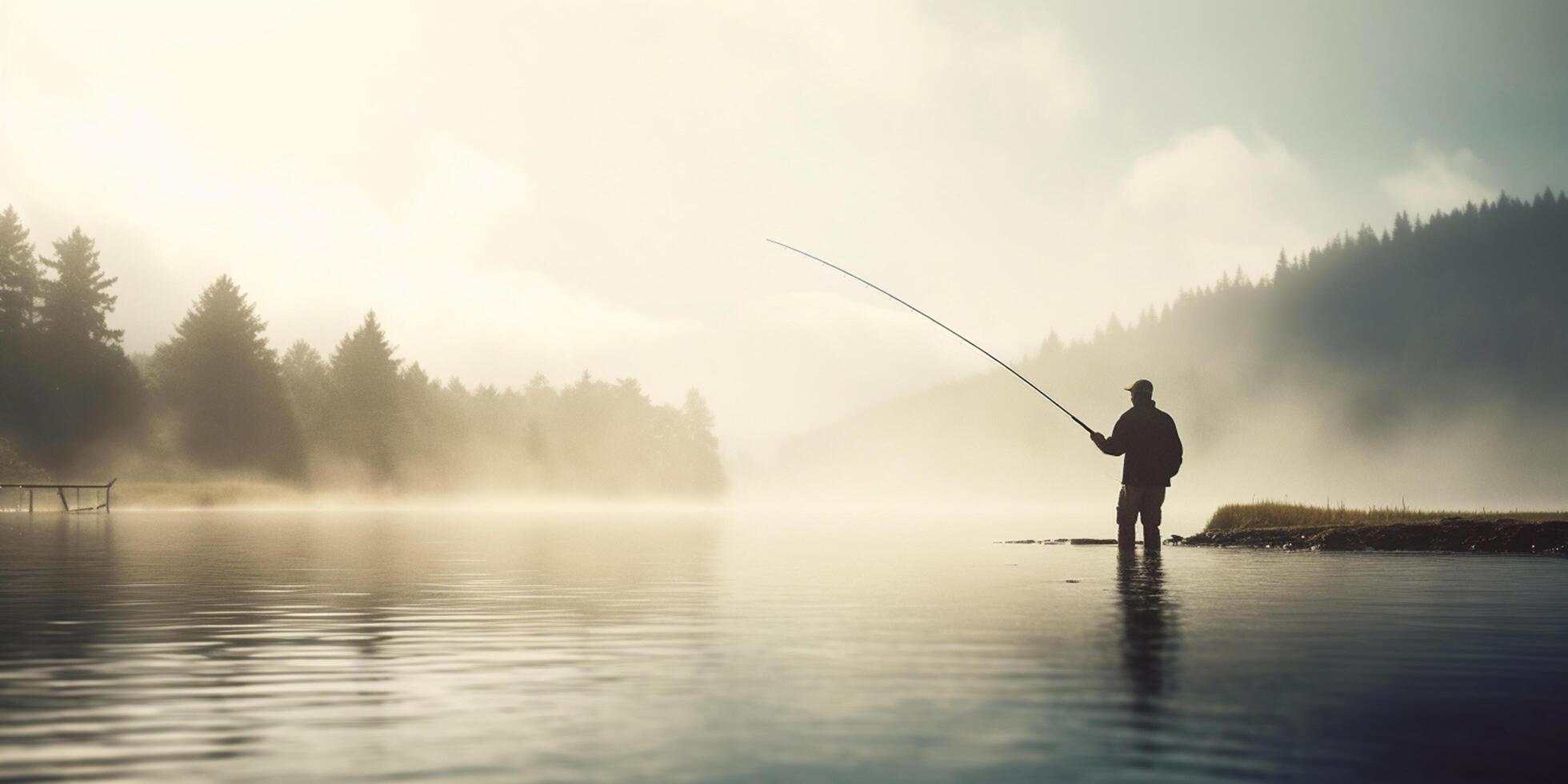 pesca a alba pescatore nel il nebbioso lago con pesca asta ai generato foto