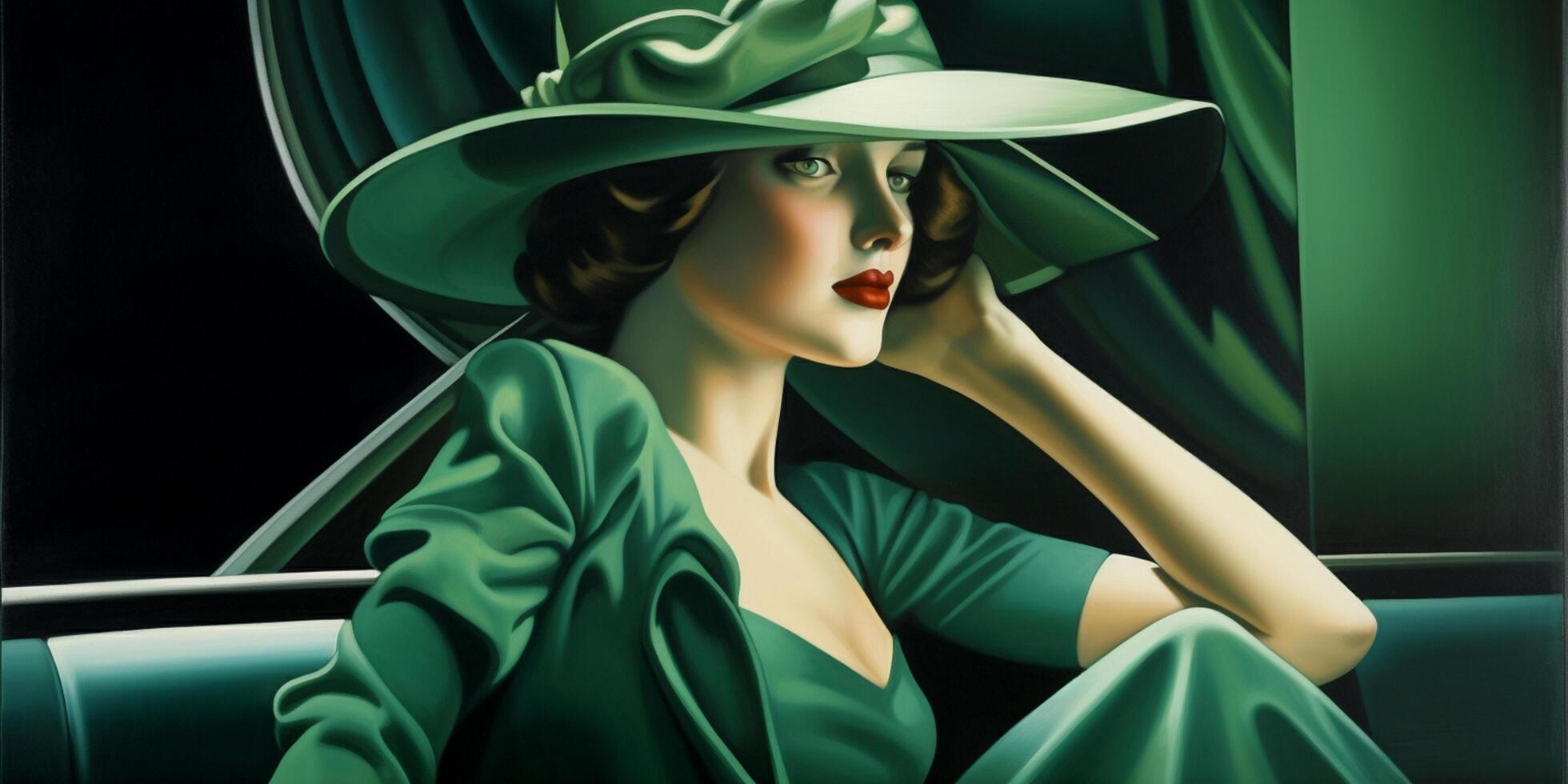 il arte deco signora nel verde un' ritratto di un' freddo bionda bellezza a partire dal il 1920 ai generato foto