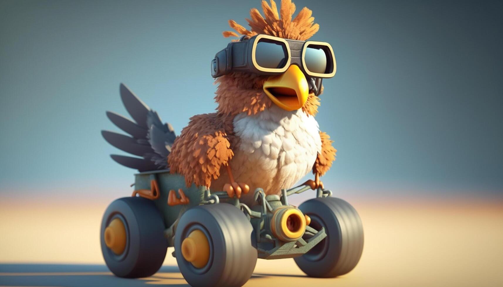 freddo pollo corridore girando su nel un' sintonizzato giocattolo auto ai generato foto