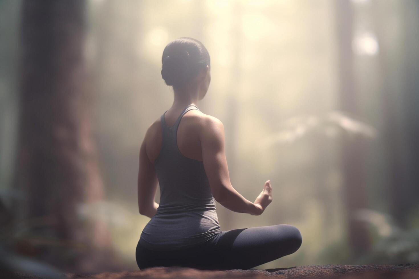 scoperta pace entro donna Meditare nel a gambe incrociate yoga posa ai generato foto