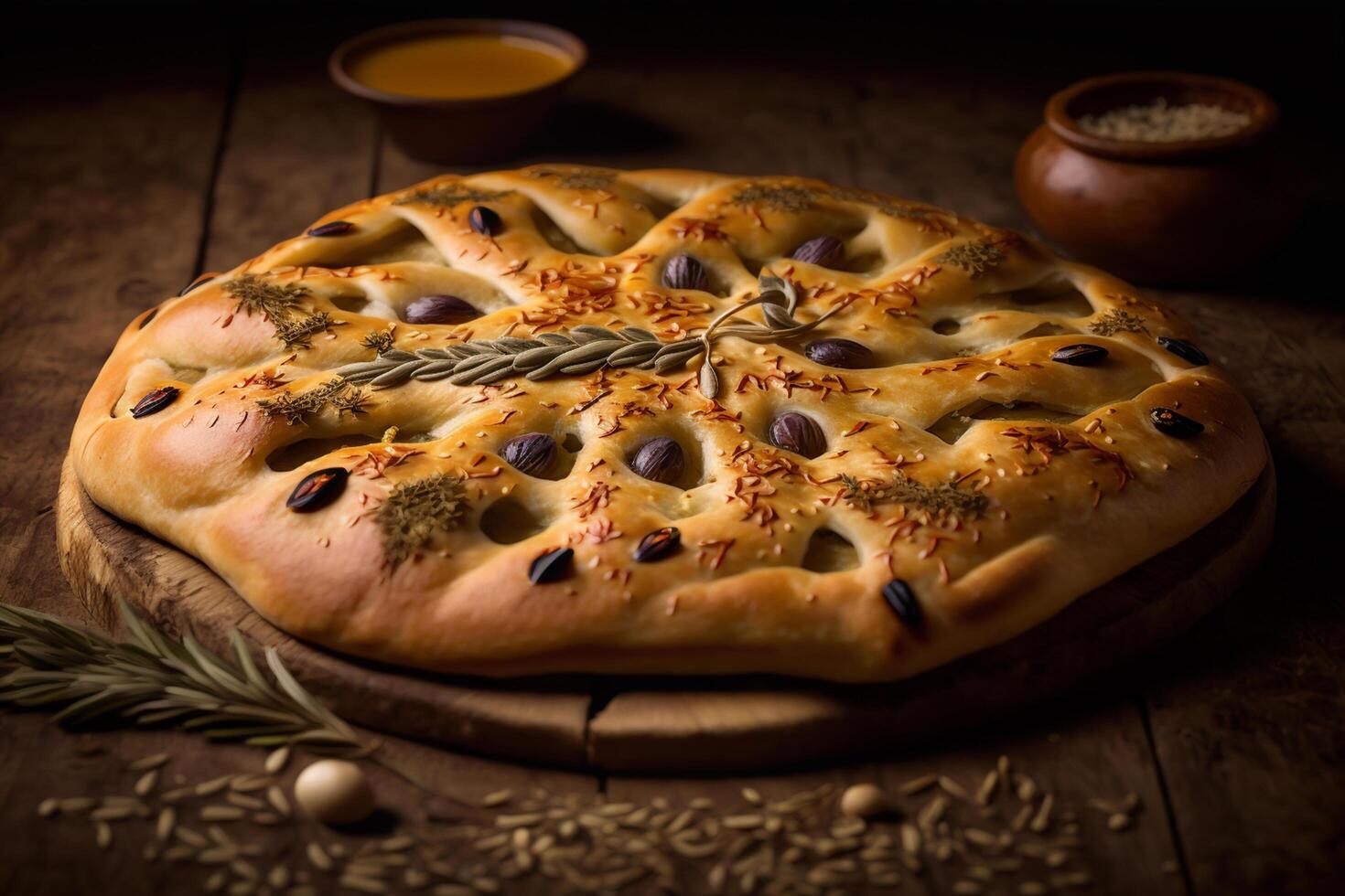 un' fetta di provence aromatico fougasse pane con oliva olio e erbe aromatiche ai generato foto