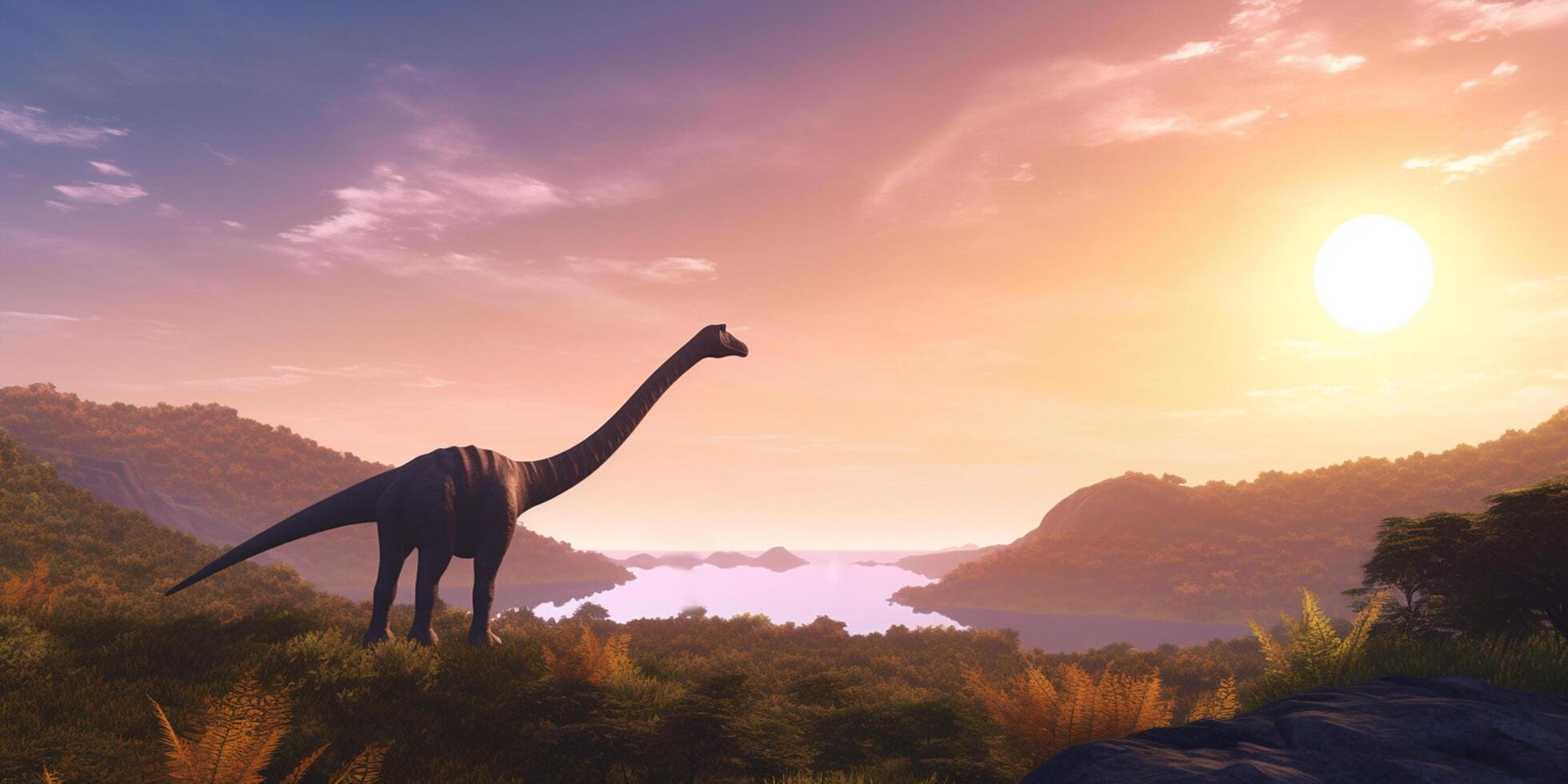 maestoso giganti di il preistorico mondo un' realistico illustrazione in mostra il brachiosauro nel un incantevole preistorico paesaggio ai generato foto