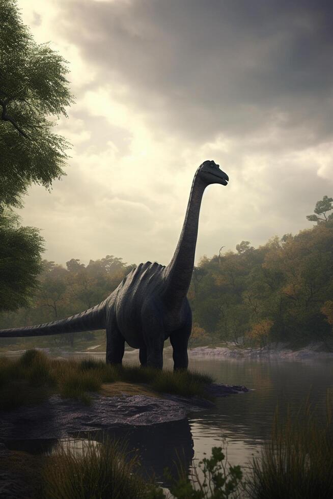 maestoso giganti di il preistorico mondo un' realistico illustrazione in mostra il brachiosauro nel un incantevole preistorico paesaggio ai generato foto