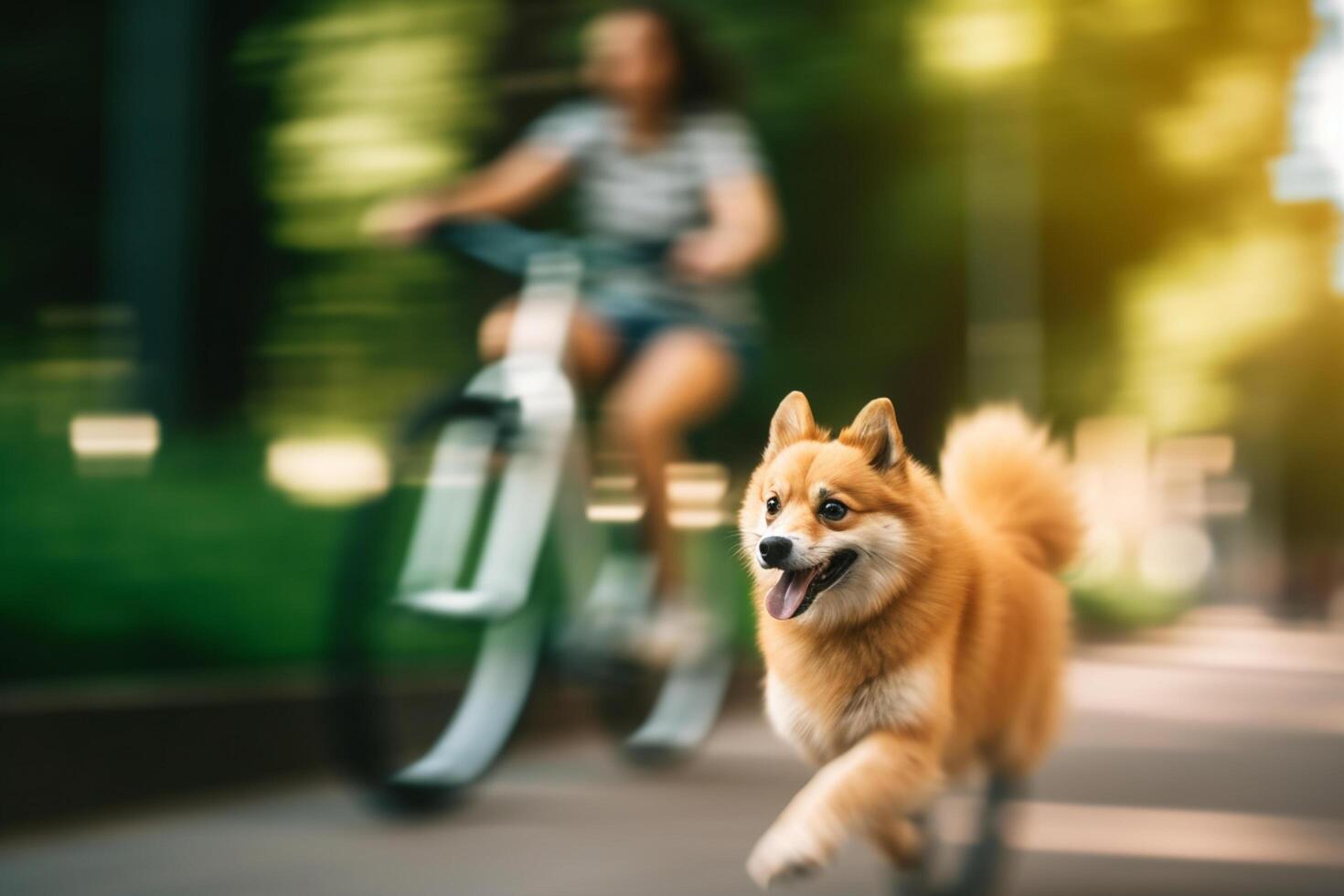 canino gioire cane in esecuzione a fianco proprietario su bicicletta sentiero nel città ai generato foto