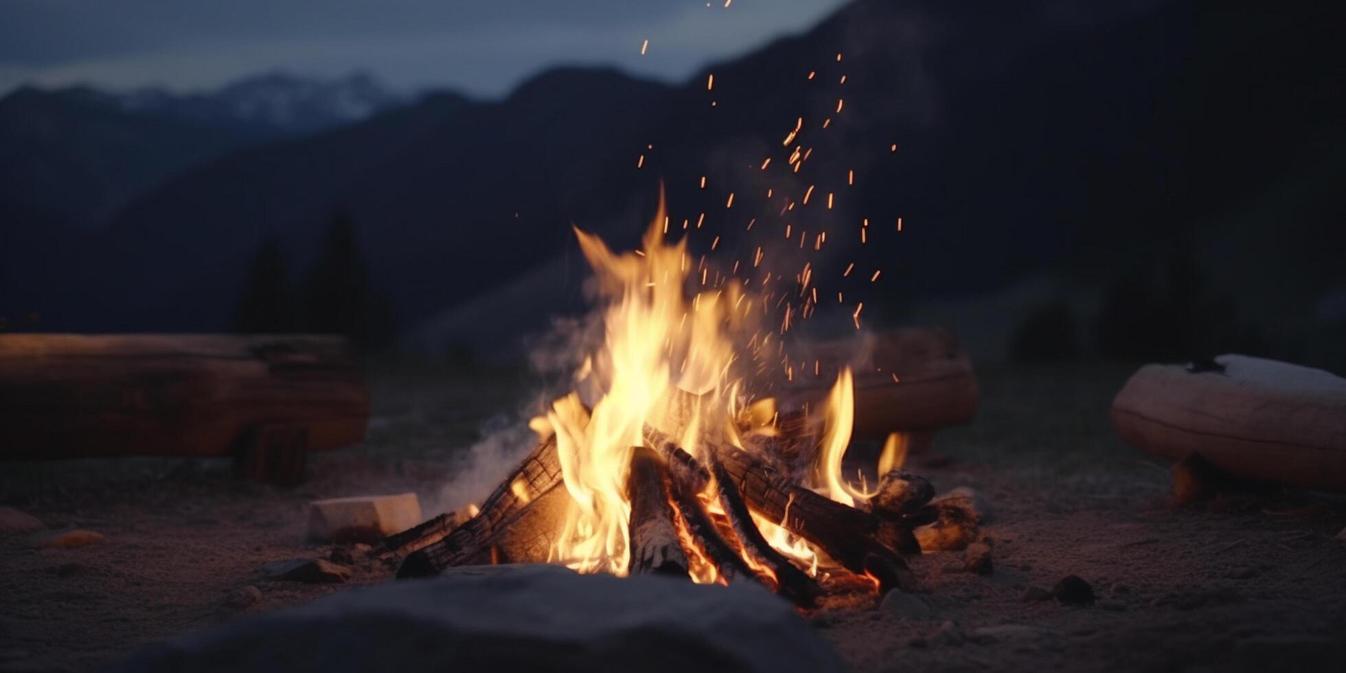 accogliente fuoco di bivacco nel il cuore di il montagna natura selvaggia ai generato foto
