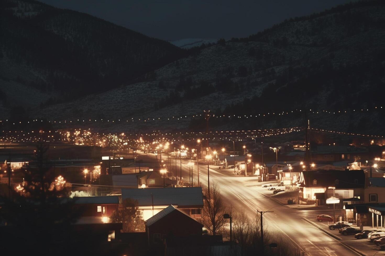 notte Visualizza di un' città annidato nel un' valle in mezzo il montagne ai generato foto