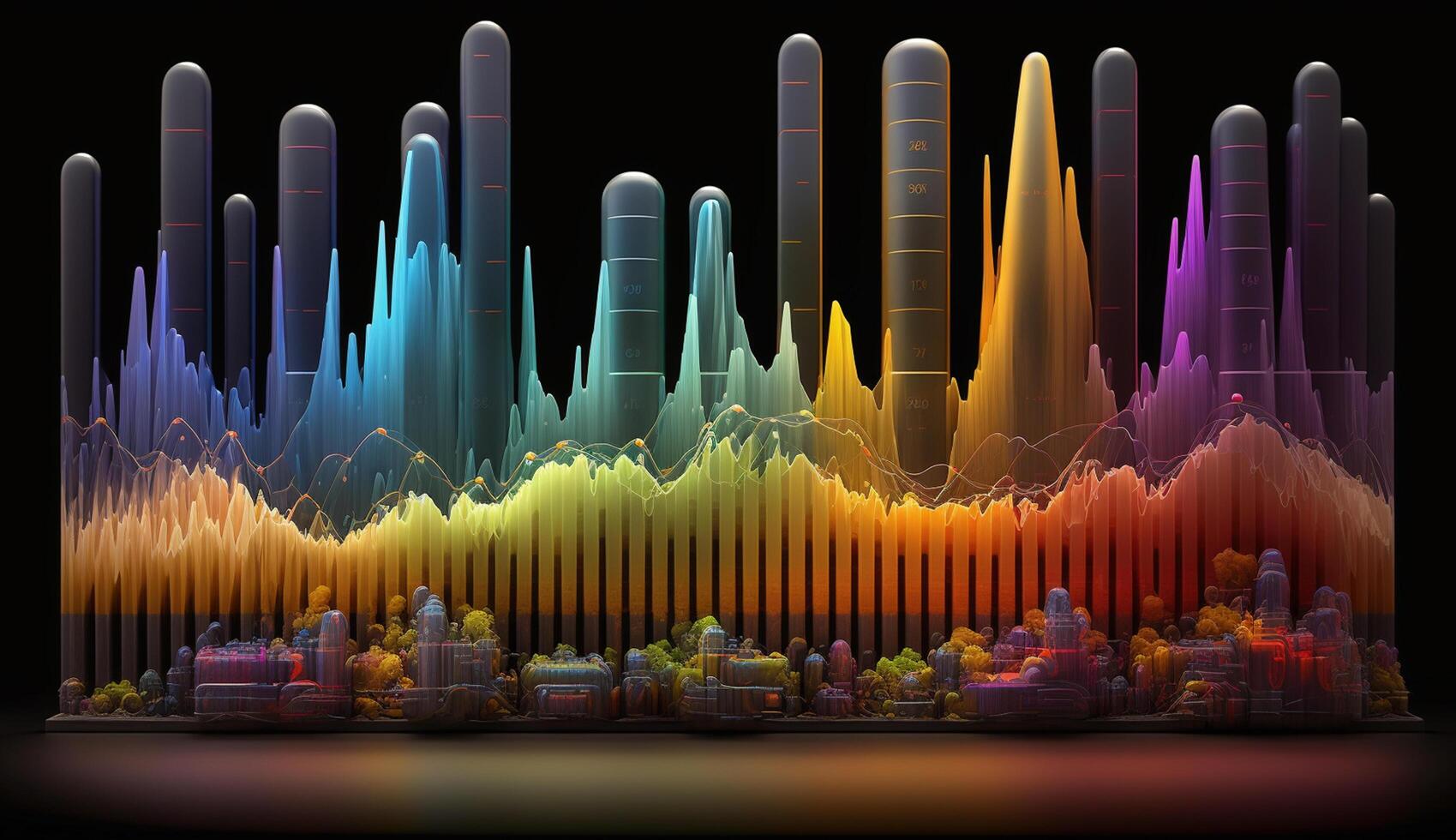 vivace spettro su buio tela un astratto composizione di colorato frequenze ai generato foto