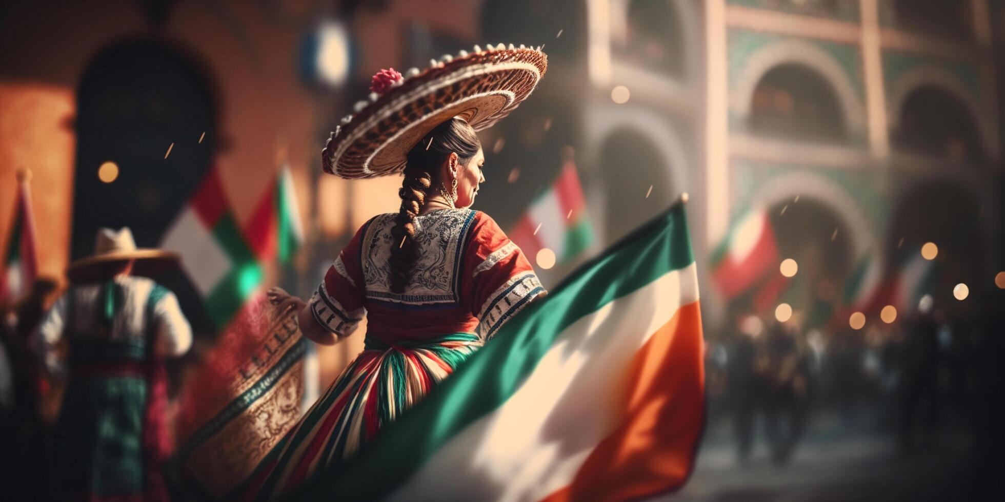 colorato fiesta su il strade di Messico - festeggiare cinco de mayo con un' messicano cappello e bandiera ai generato foto