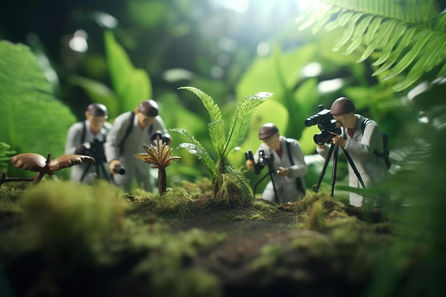 giocattolo figure di scienziati nel bianca cappotti con macchine fotografiche nel il foresta pluviale ai generato foto