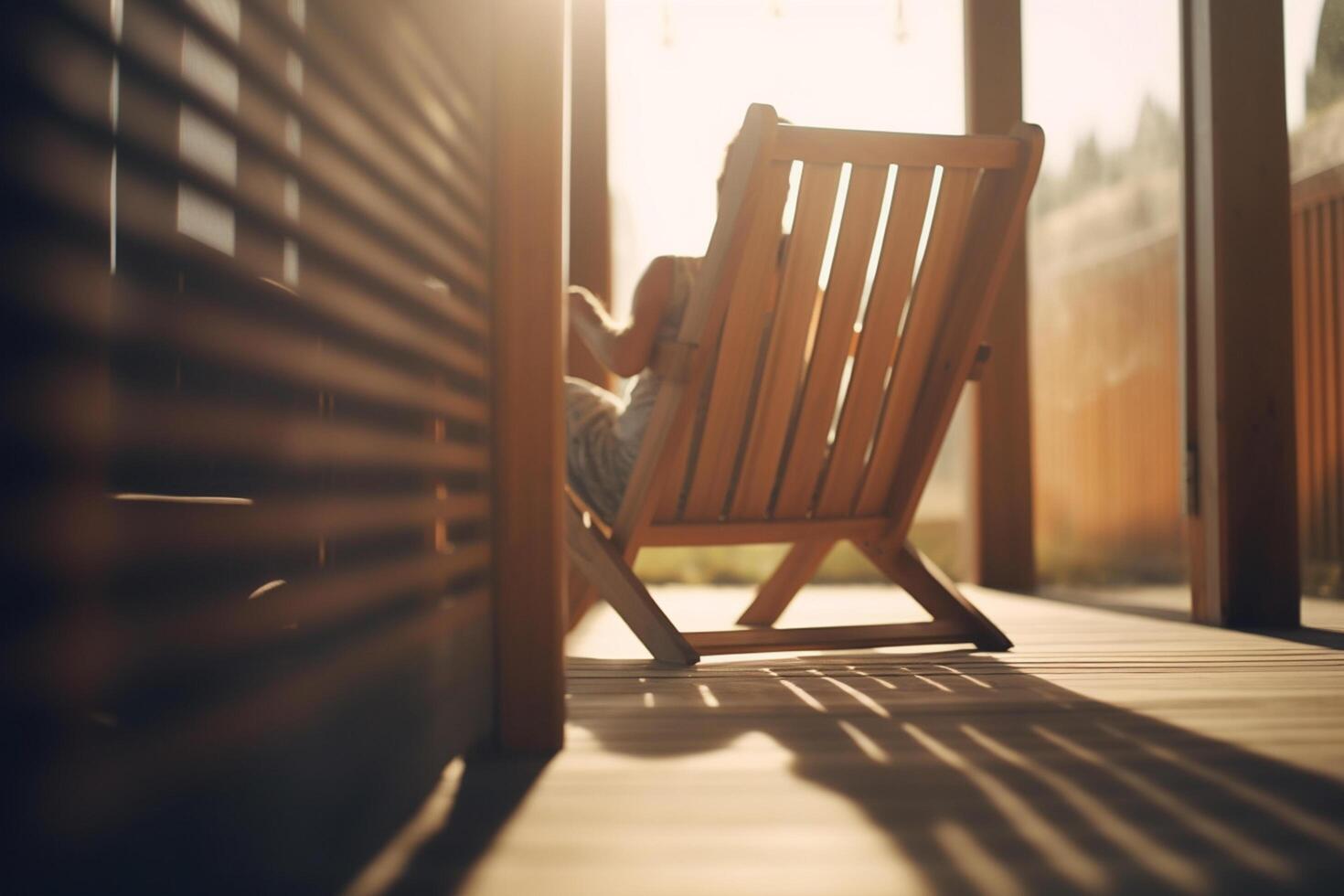 rilassante su un' di legno terrazza persona nel sala sedia a terme ai generato foto