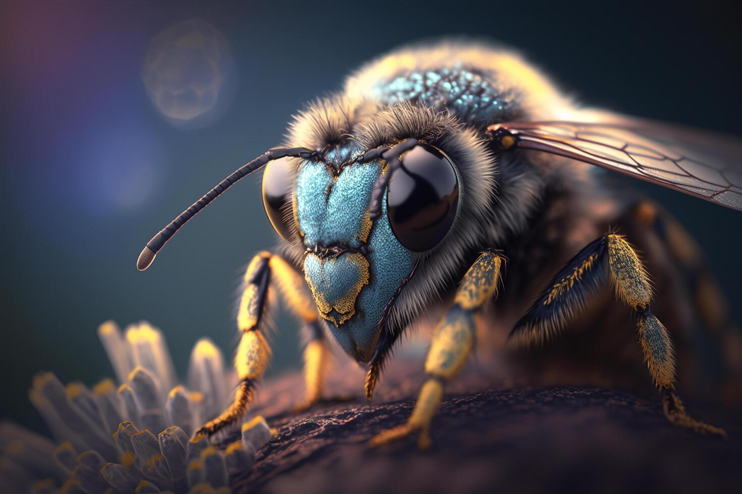 ingrandita avvicinamento di un' delle api testa con giallo polline polvere ai generato foto