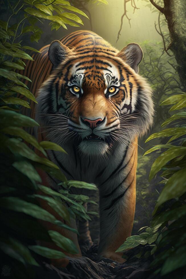 maestoso Cinese tigre roaming attraverso il giungla ai generato foto