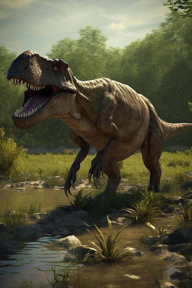 re di il preistorico regno realistico illustrazione di tirannosauro rex nel suo antico habitat ai generato foto