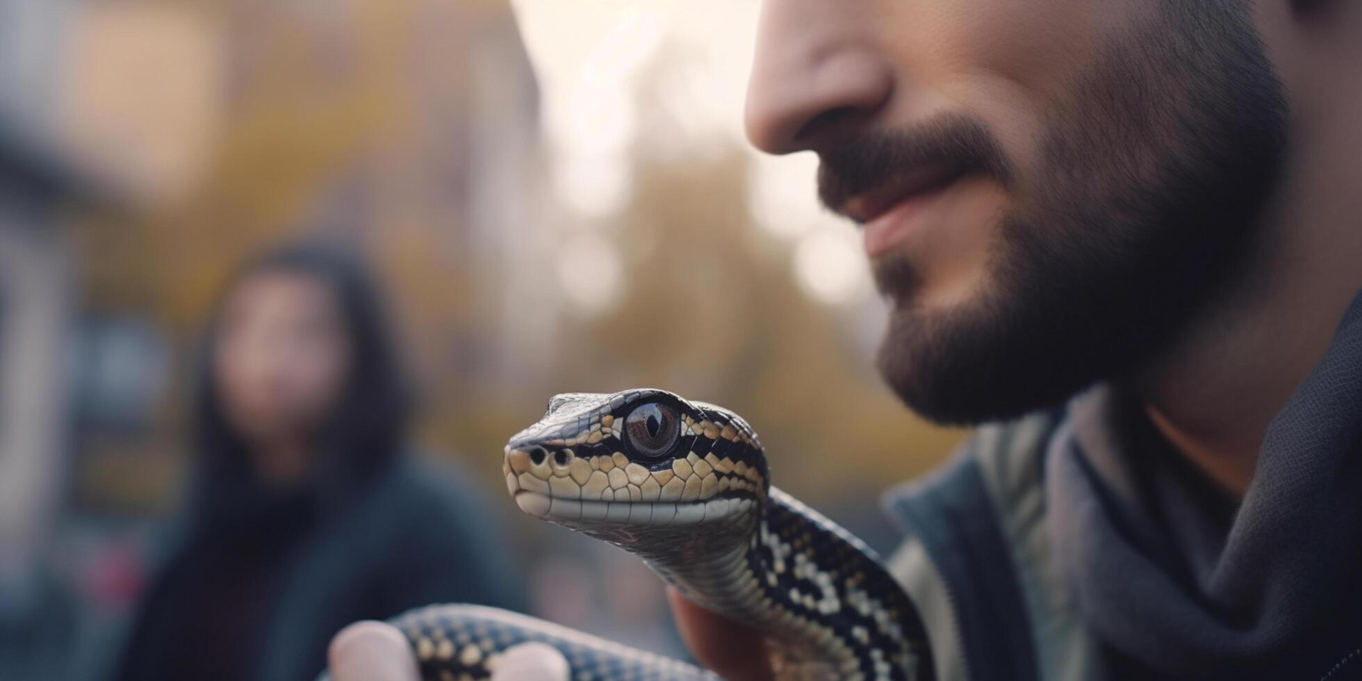 il urbano serpente un' giovane uomo e il suo animale domestico serpente passeggiando attraverso il città ai generato foto