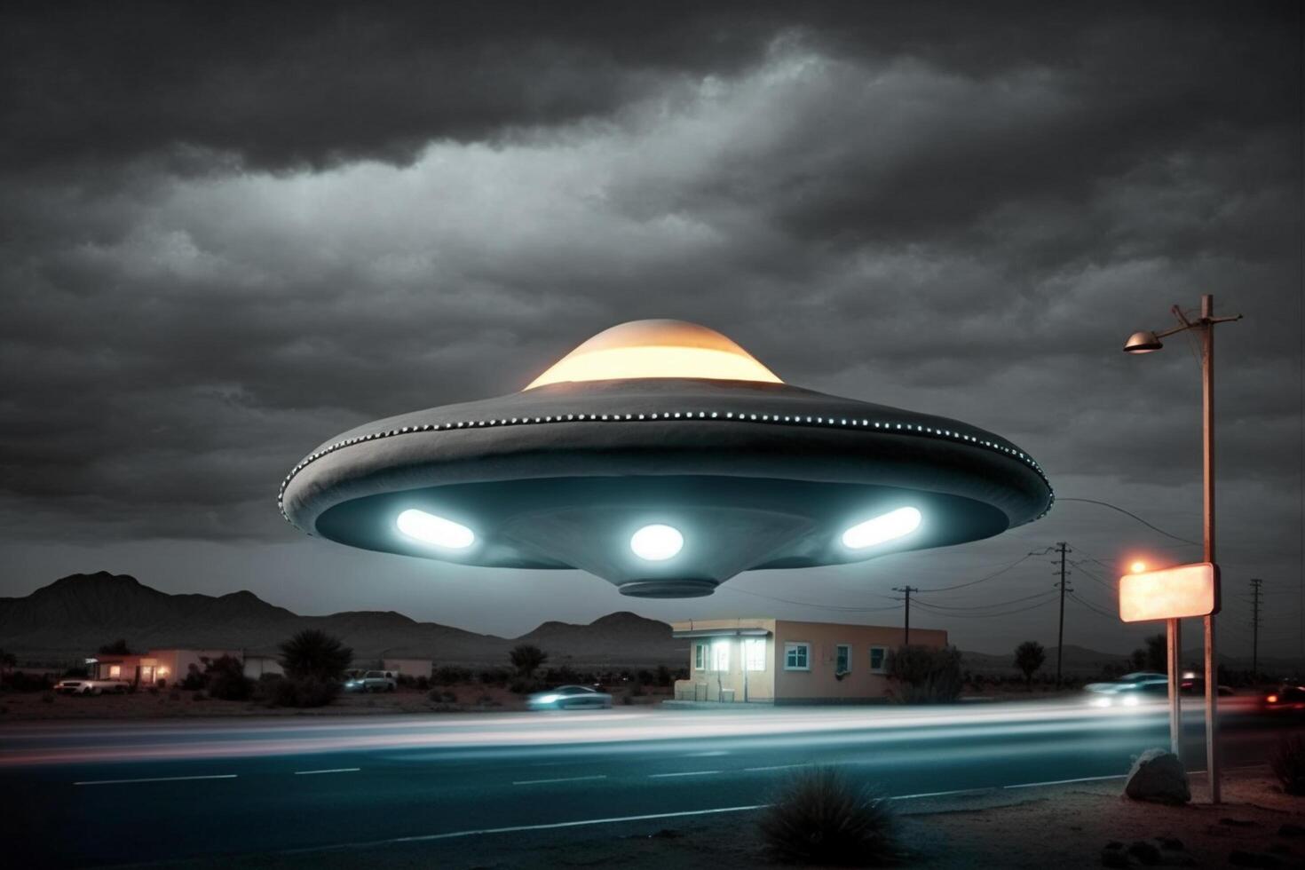 ufo un alieno piattino librarsi sopra il campo nel il nuvole ai generato foto