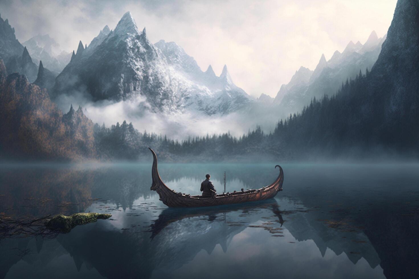 dalla testa di drago Cinese barca su un' nebbioso lago con incantevole montagna paesaggio e mistico ambiente ai generato foto