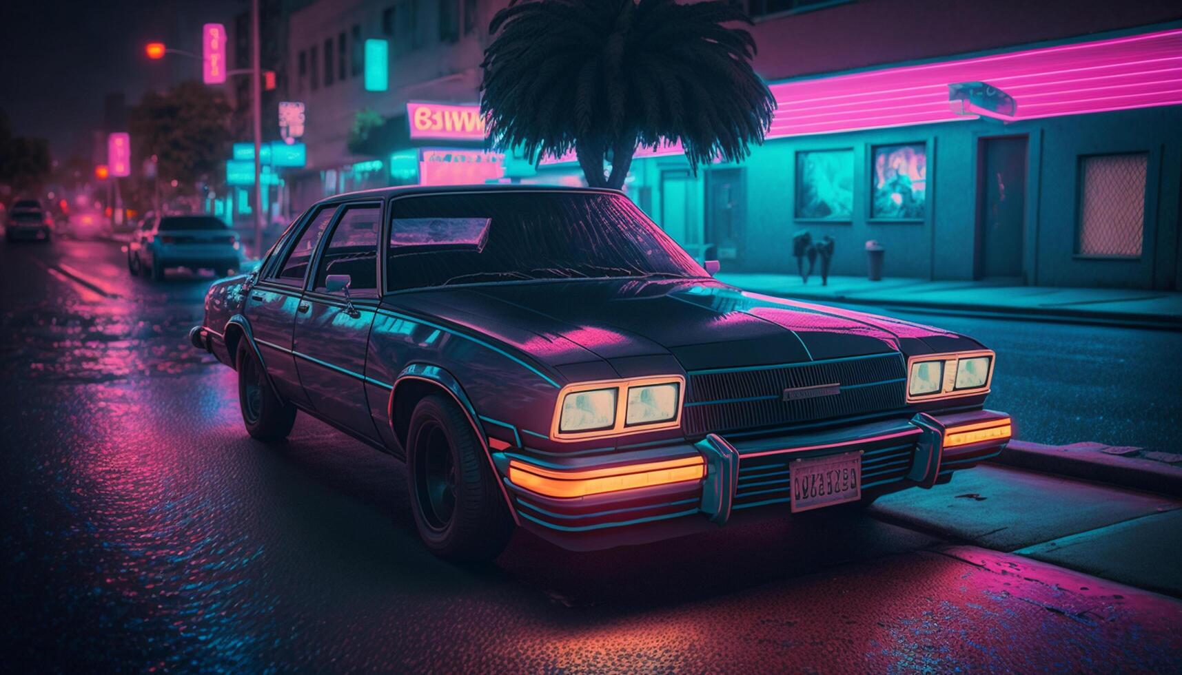 crociera giù memoria corsia anni 80 auto su un' illuminato al neon strada ai generato foto