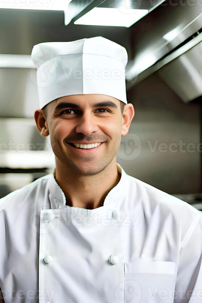 ritratto di un' sorridente capocuoco in piedi nel il cucina. generativo ai foto