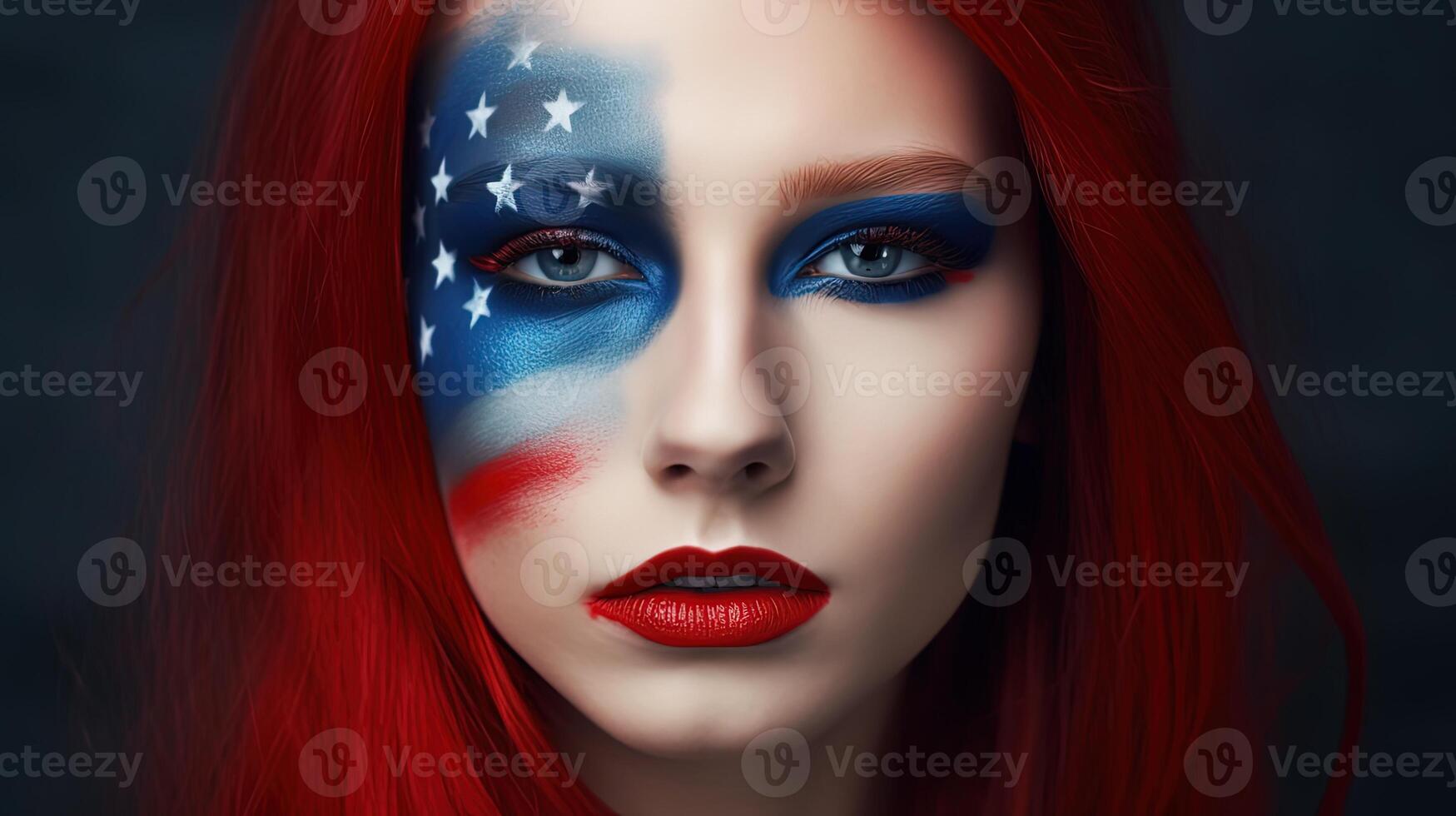 sbalorditivo guardare nazionale amante donna viso dipinto o trucco Stati Uniti d'America bandiera colore. 4 ° luglio indipendenza giorno o americano evento celebrazione Immagine. foto