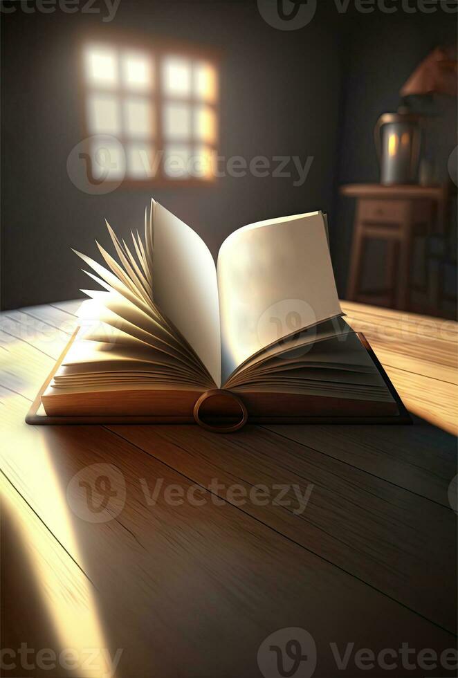 avvicinamento Visualizza di leggero effetto Aperto libri contro sfocatura brocca su di legno scrivania e lampada nel buio sfondo. 3d rendere, foto