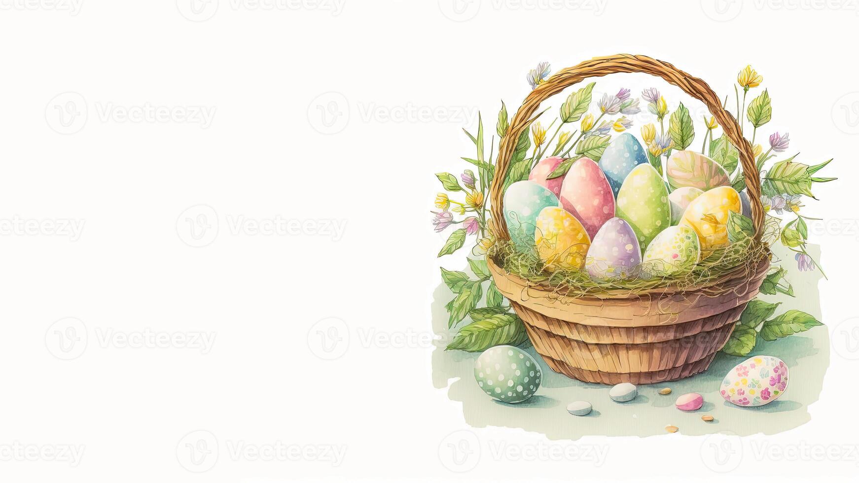 piatto stile colorato stampato uova dentro floreale cestino e copia spazio. Pasqua concetto. foto