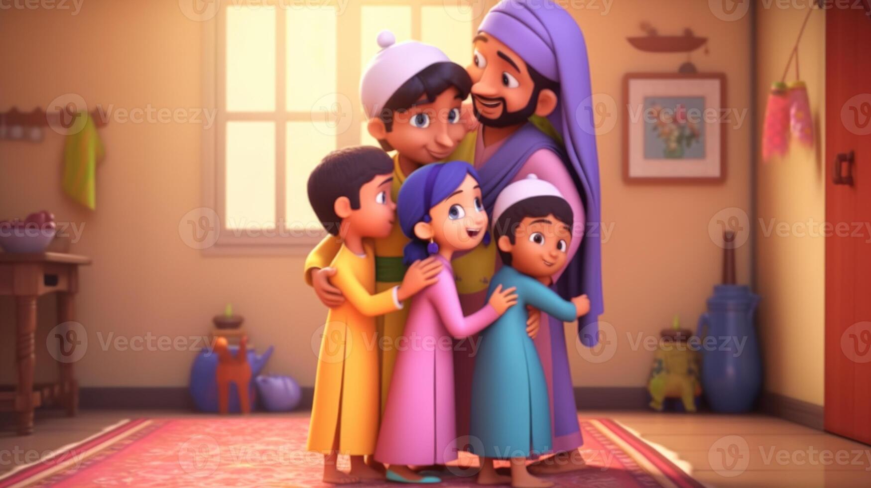 adorabile cartone animato avatar di musulmano famiglia abbracciare e desiderando ogni Altro. eid mubarak concetto, generativo-ai digitale illustrazione. foto