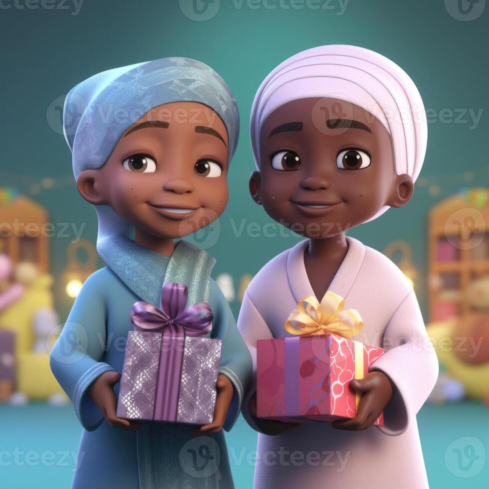 disney stile, adorabile africano musulmano bambini personaggi Tenere regalo scatole. eid mubarak concetto, generativo ai. foto