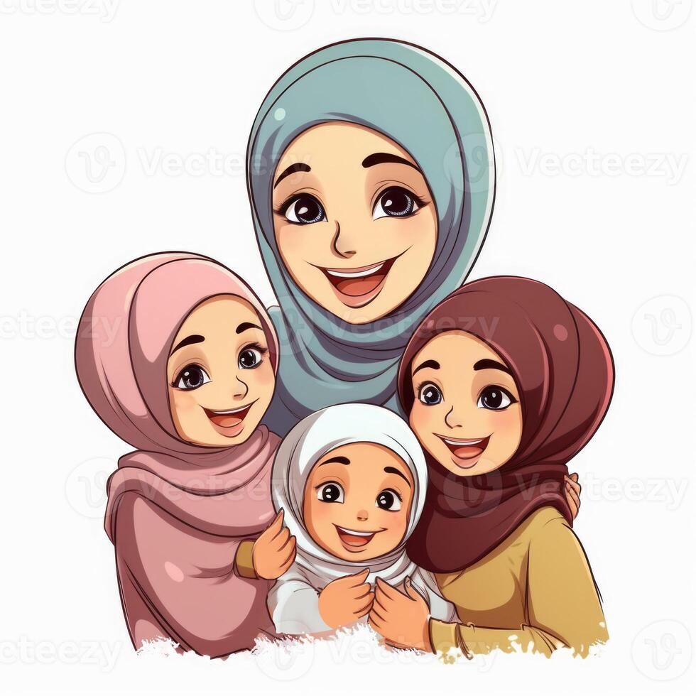 carino cartone animato avatar di musulmano ragazze abbracciare e desiderando ogni Altro, eid mubarak concetto. generativo ai foto