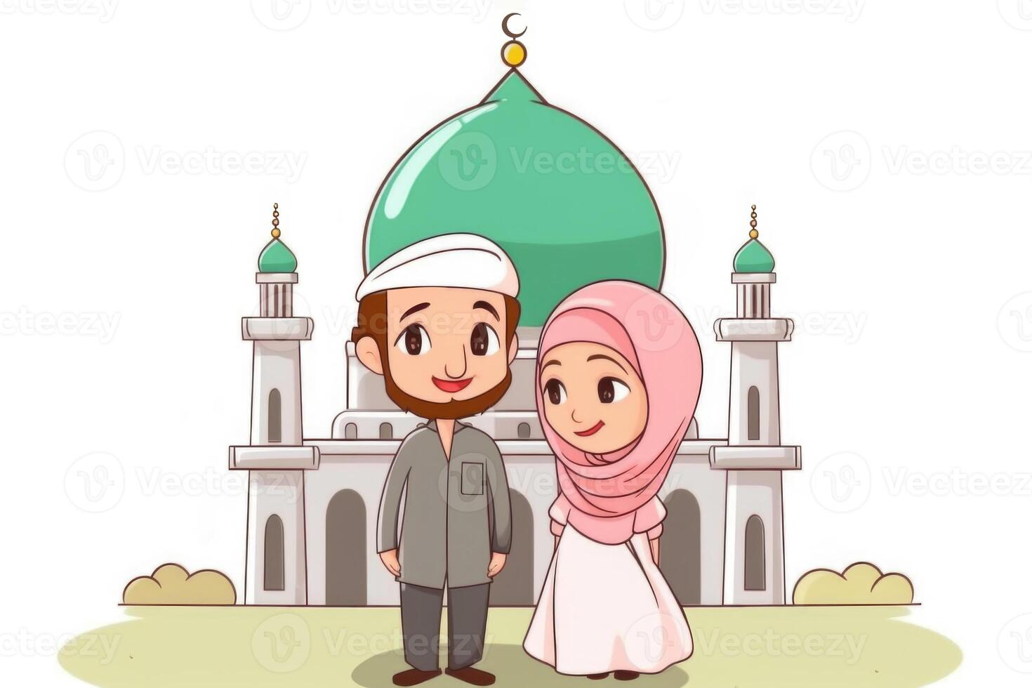 adorabile cartone animato avatar di musulmano giovane coppia e moschea su sfondo, eid mubarak concetto. generativo ai foto