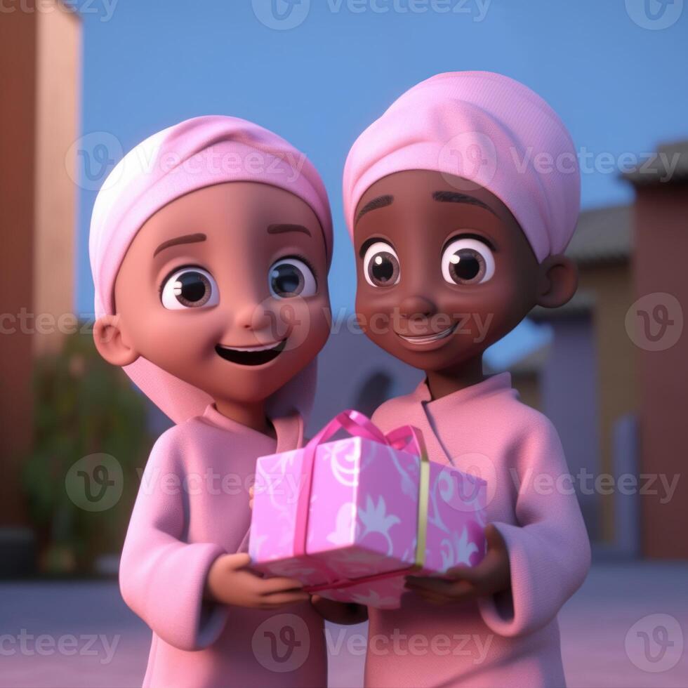 adorabile disney stile cartone animato di tradizionale abbigliamento africano musulmano bambini personaggi con un' regalo scatola. eid o Ramadan mubarak concetto, generativo ai. foto
